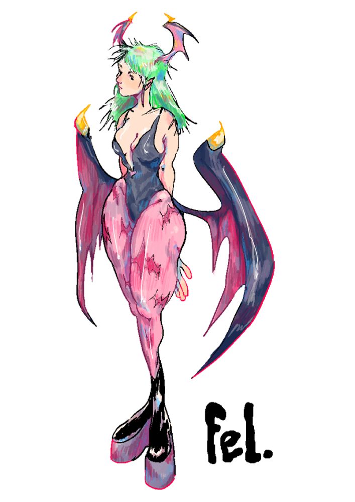 ilustração digital da personagem fictícia Morrigan, de cabelo verde e asas de morcego.