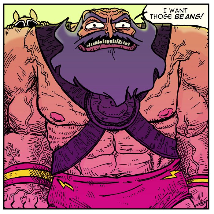 Comic panel of a buff dude wanting beans
