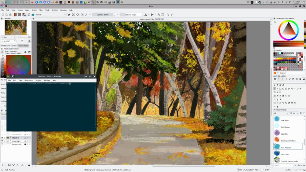 unfinished painting of a walkway through some autumn trees
