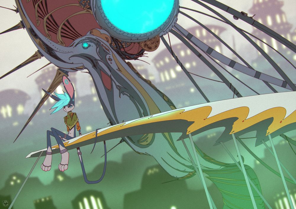 bunnything sitting on a pointy platform with a weird lumpy glowing thing in the back and lit up buildings further beyond