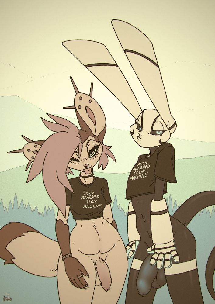 a fox girl wearing only a "soup powered fuck machine" shirt, and a shapeshifting bunnything wearing only a "fuck powered soup machine" shirt