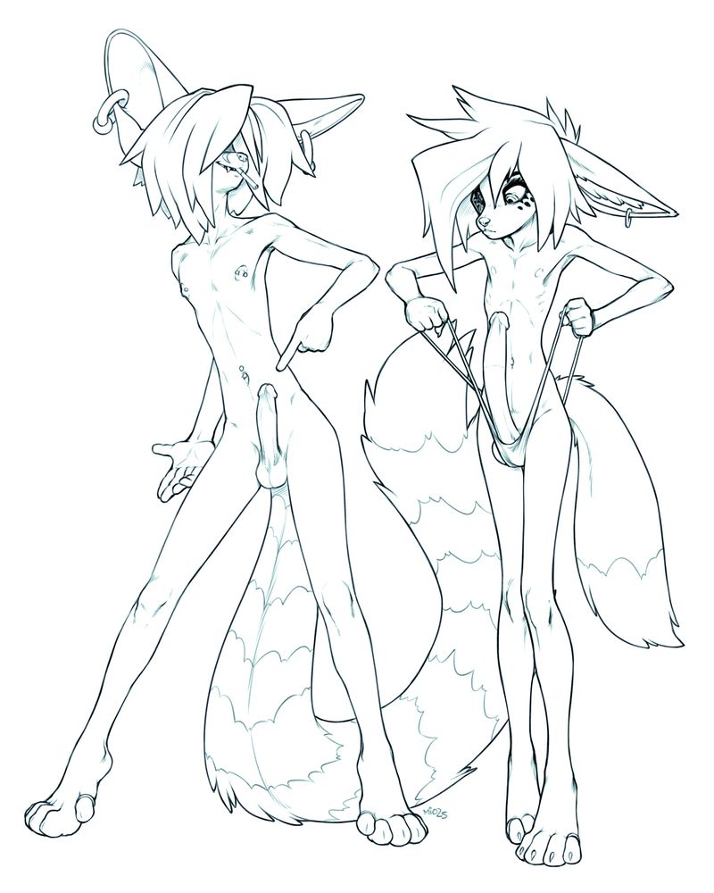 a ringtail dude pointing at his boner. there's a fox dude next to him stretching an already too-stretched banana hammock to get his own boner to stand straight up instead of pointing forward
