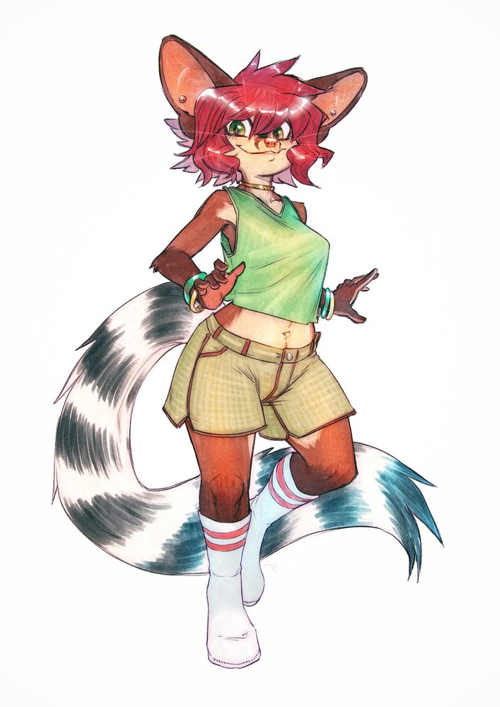 a ringtail girl in a tanktop, shorts, and socks