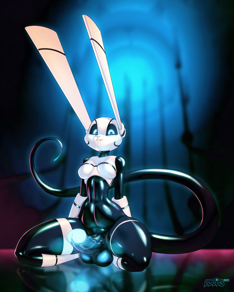 a crouching bunnything with glowing bits