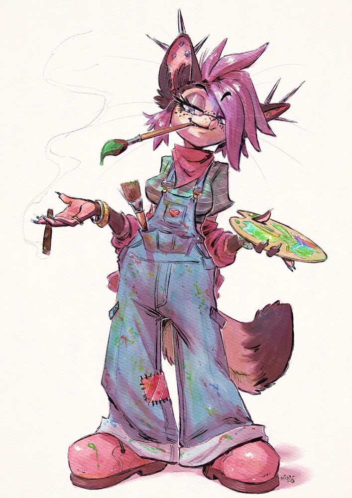 a digital watercolor illustration of a fox girl with a paintbrush in her teeth, a palette in one hand, and a blunt in the other. she's wearing paint-covered overalls, chunky pink boots, and a striped shirt