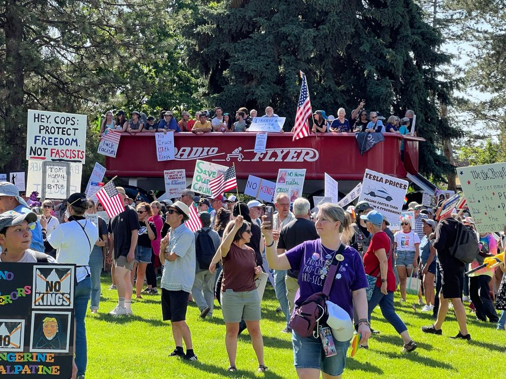 whitey shows up 
for a day on the lawn 
at their big red wagon, 
nervous but happy. 

they are coated in sunblock and ready to take selfies, then yell at several police. they are ready to resist! 

they are starting a journey.
 
whitey shows up, is trying. 
they've seen people attacked by the police 
they know, maybe it will happen. 
to them? maybe.
not today, but maybe tonight. or next week. 

Grandma came along. 
"a pig hit me in the head at the Democratic convention in '68!" she says. 
her bones are like powder now 
but she is willing to risk it all to stand on the lawn. 
whitey shows up with a cardboard sign. 
it's a nice day. 

whitey shows up saying
 they might fix the problem
  they've created. 
there's a faint sense of hope in the air,  
they really want to try to do that. 
they're not sure what all the problems are-
the number, the depth of the problems
they've created-
but 
whitey shows up to try.

we can let them. 
wish them well, bless them in the ways that are ours,
speed them on their journey, 
may they fix all the things they've broken. 

whitey shows up. let them.

-Spokane, June 2025, "no kings protest"