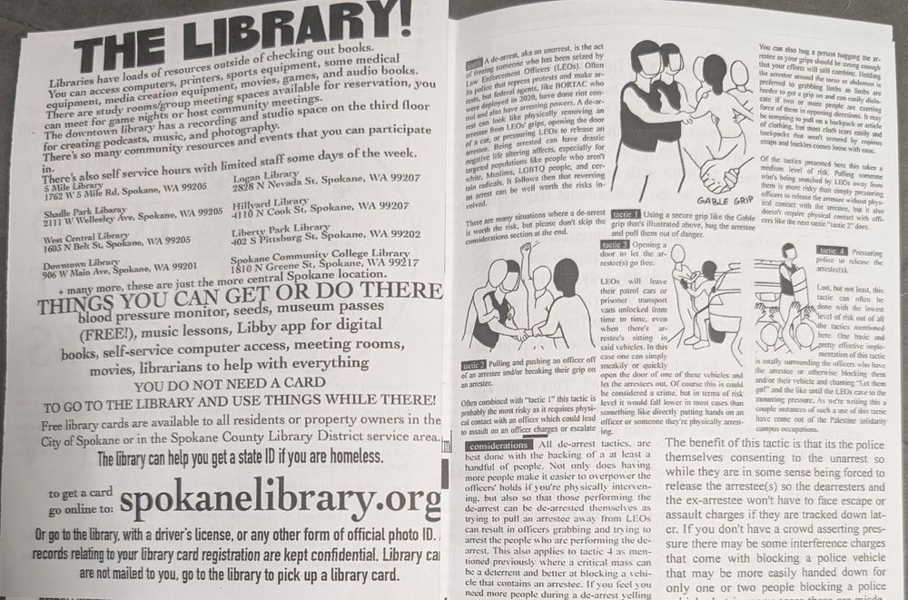 an open zine page about the library on the left side and about de-arrest on the right hand side