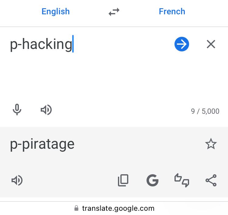 Google translate translating “p-hacking” to “p-piratage”