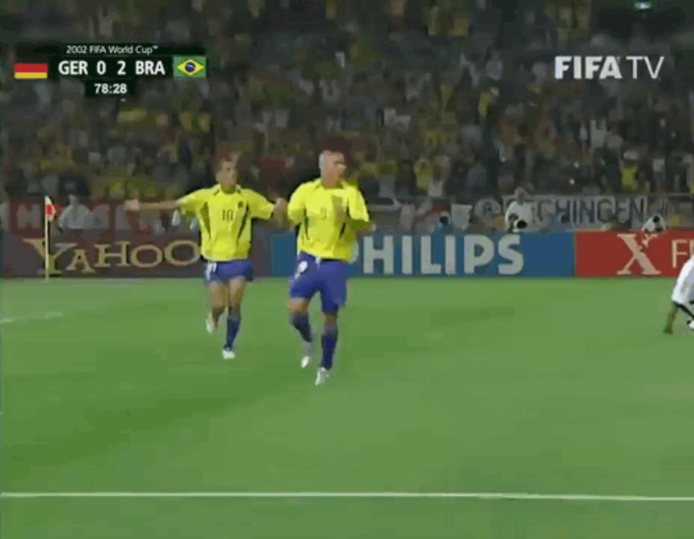 ronaldo celebrates a goal during a soccer game between germany and brazil