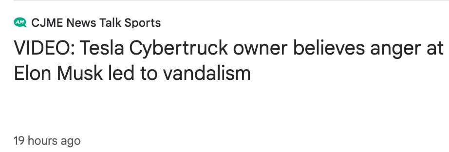 CJME News Talk Sports
VIDEO: Tesla Cybertruck owner believes anger at Elon Musk led to vandalism
19 hours ago