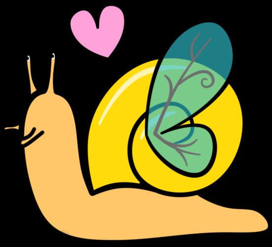 A drawing of a land snail with a light orange body and bright yellow swirled shell. There are blue pixie wings sprouting from the center of the shell. A heart floats above the snail's head.