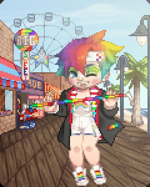 A rainbow-haired, chubby, fair-skinned person poses on a beach boardwalk, in white & rainbow jumpsuit, white sneakers with rainbow laces, and a black cardigan with rainbow lapels. They hold a rainbow walking cane in front of them in both hands. They are winking, their smiling face showing off a set of vampire-like fangs.