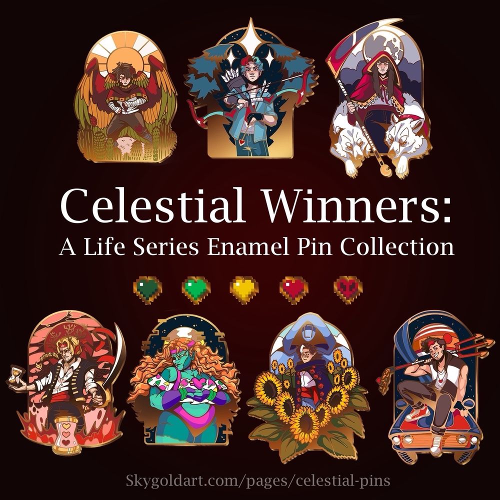 Title card of celestial winners life series enamel pin Kickstarter 