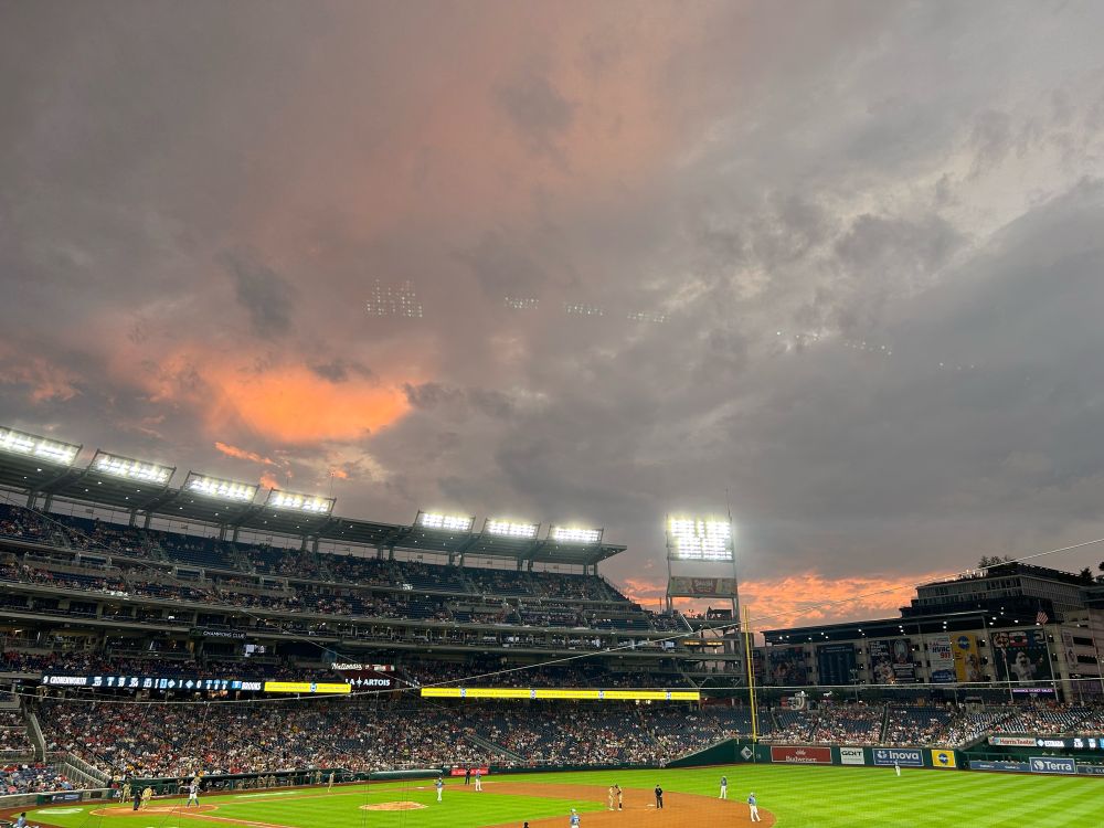 Nationals Park in DC, with an interesting cloudy and orange sunset.
