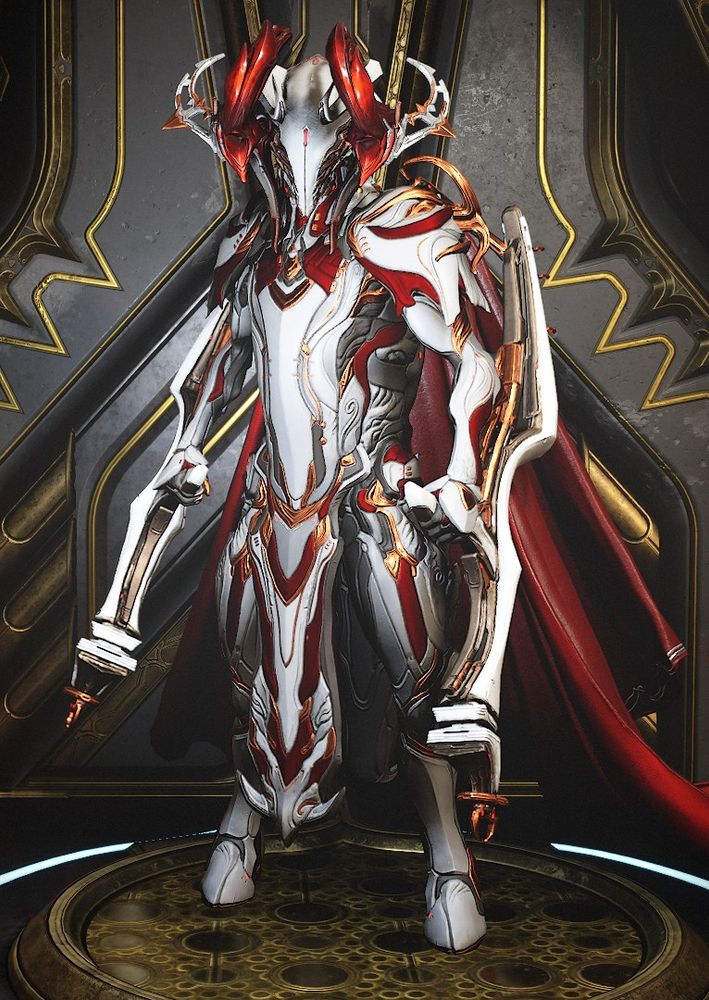 Oberon Prime in a white and red accent color scheme with the Youkai body and Taurus helm, Rhino Prime signa, Riftbound Syandana. He wields the Ceramica tonfa in a similar color scheme