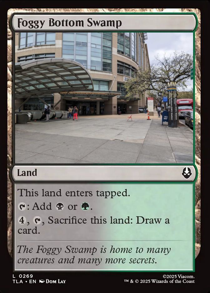 The card Foggy Bottom Swamp with the art replaced by an image of the Foggy Bottom-GWU station in Washington DC