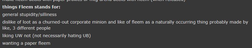 A screenshot of reddit, showing the text

things Fleem stands for:
general stupidity/silliness
dislike of loot as a churned-out corporate minion and like of fleem as a naturally occurring thing probably made by like, 3 different people
liking UW not (not necessarily hating UB)
wanting a paper fleem