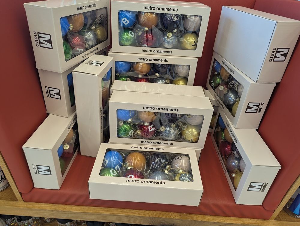 WMATA metro ornaments, with each in a solid color and the single letter for the line emblazoned