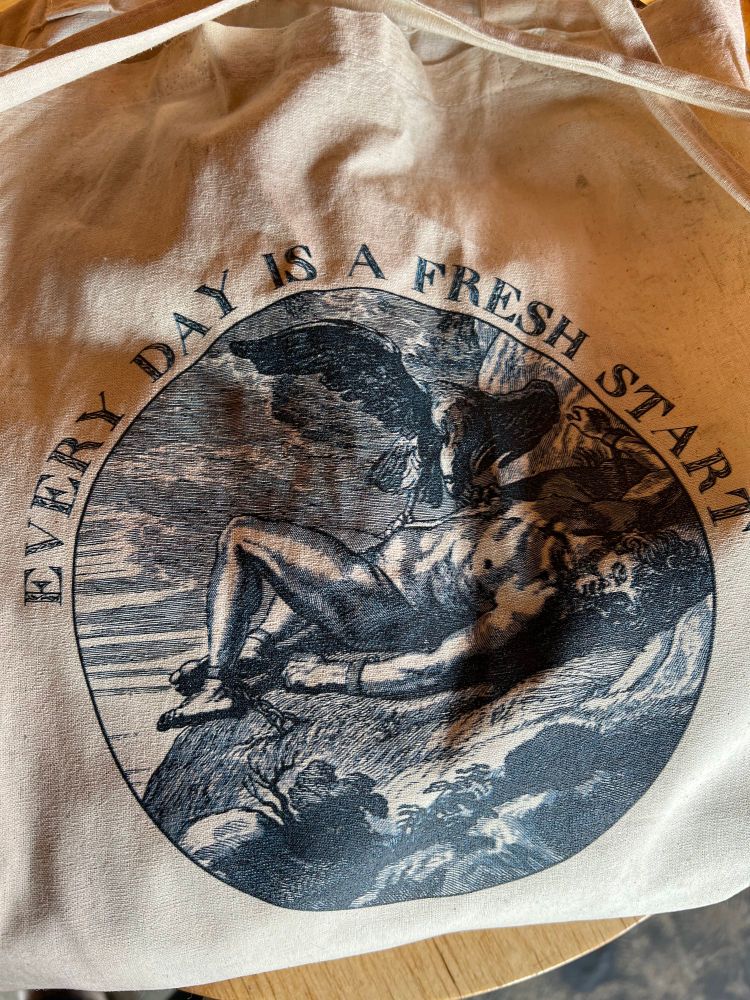 Prometheus getting his liver devoured, with the caption “Every day is a fresh start.”