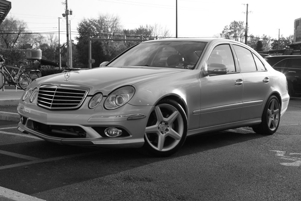 A B&W photo of a Mercedes-Benz E350