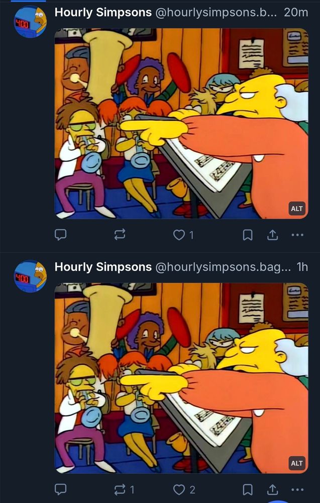 Two posts from Hourly Simpsons showing exactly the same frame from the same time from two different episodes.