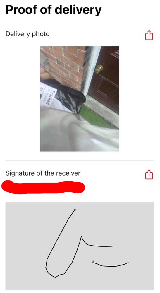 A screenshot of a proof of delivery containing a signature that looks suspiciously like a cock