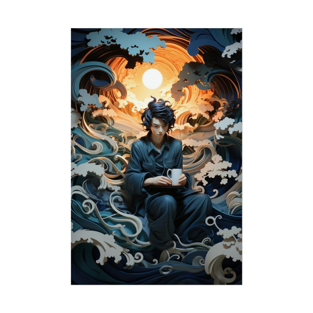 Contemplation on the Waves: Japanese-Inspired Layered Paper Fantasy Poster Wall Art