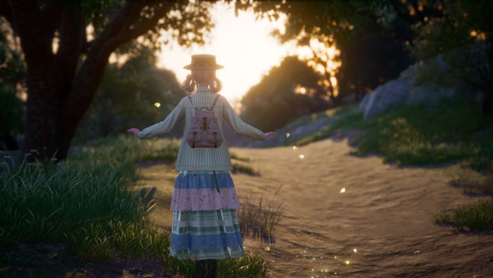 Nikki walks down a path, her back to us