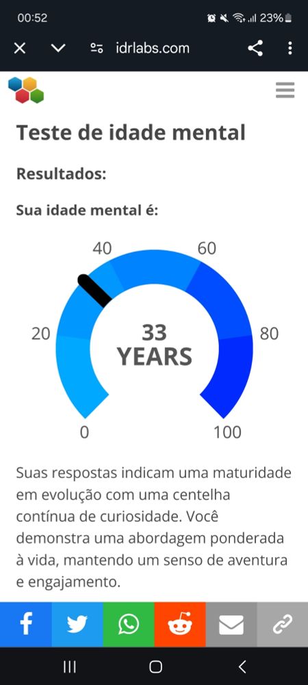 Teste de idade mental. Resultado: 33 anos.

"Suas respostas indicam uma maturidade em evolução com uma centelha contínua de curiosidade. Você demonstra uma abordagem ponderada à vida, mantendo um senso de aventura e engajamento."