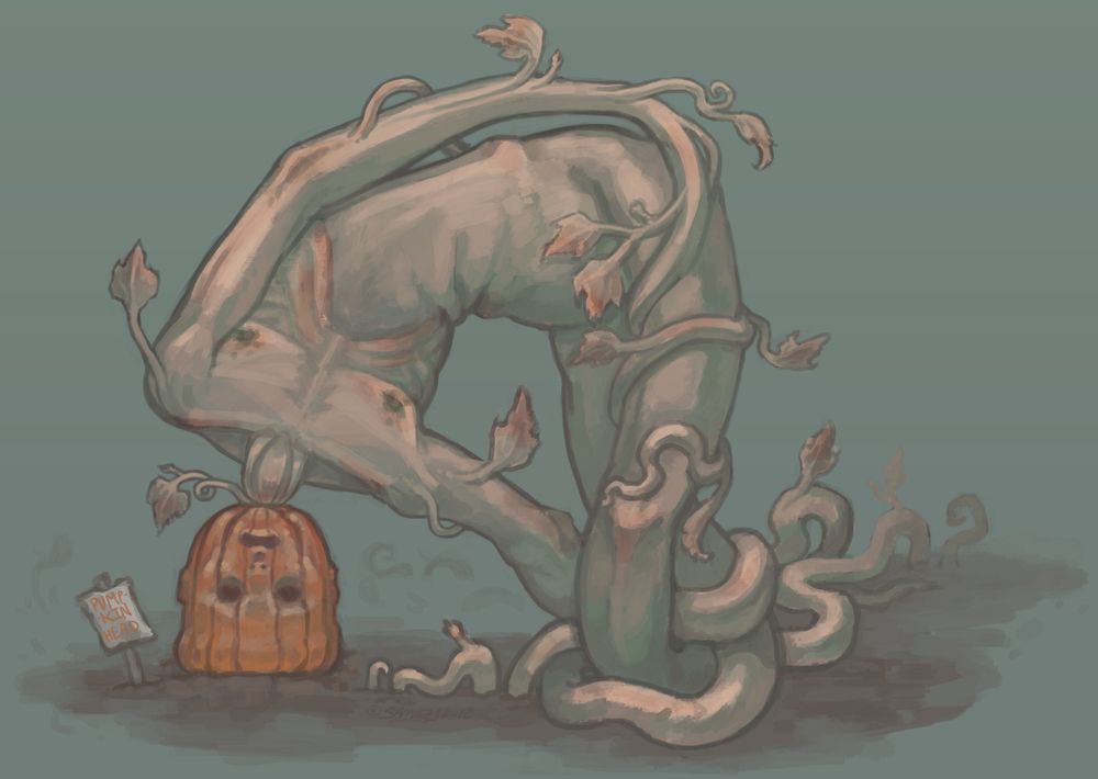 A full grown flesh and blood man growing like vines from the top of a pumpkin
