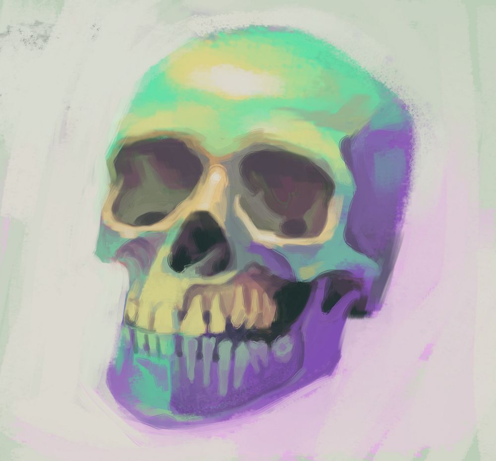 a human skull rendered in green, yellow, and purple colors