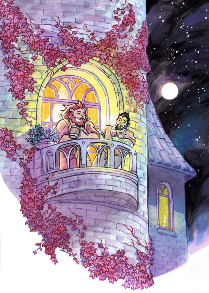 Brex and Prince Alizarin stand on the balcony of Alizarin's private chambers, the tower around it covered in red-leafed ivy. They're both enjoying a drink each and laughing with each other as the moon cuts through the starry night sky.