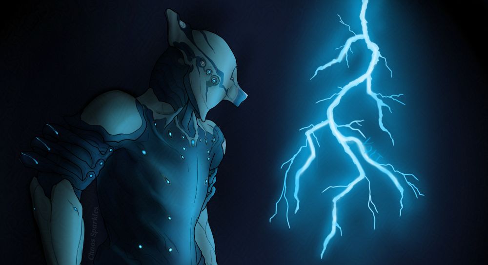 Digital painting of the Warframe Volt in a dark setting, illuminated by a bolt of bluish lightning 
