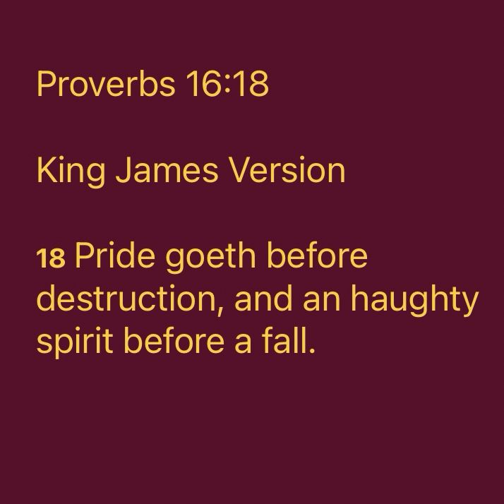 
Proverbs 16:18
King James Version
18 Pride goeth before destruction, and an haughty spirit before a fall.
