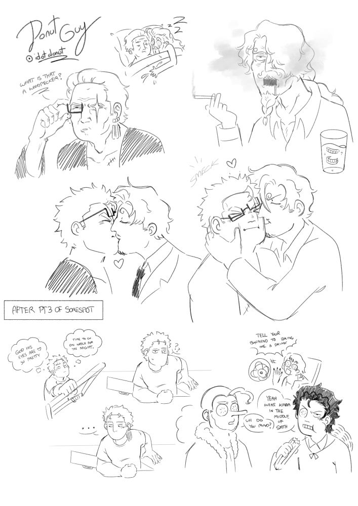 Sore Spot #Zosan doodles
1st Doodles are Zoro and Sanji in their 60s, Zoro has a monocle, Sanji has dentures
2nd Doodles is them kissing with Zoros glassed getting in the way
3rd doodle was an Idea of where the rest of the crew was while Zoro and Sanji were having a gay crisis in the mens quarters. Robin's reading in the girl quarters btw