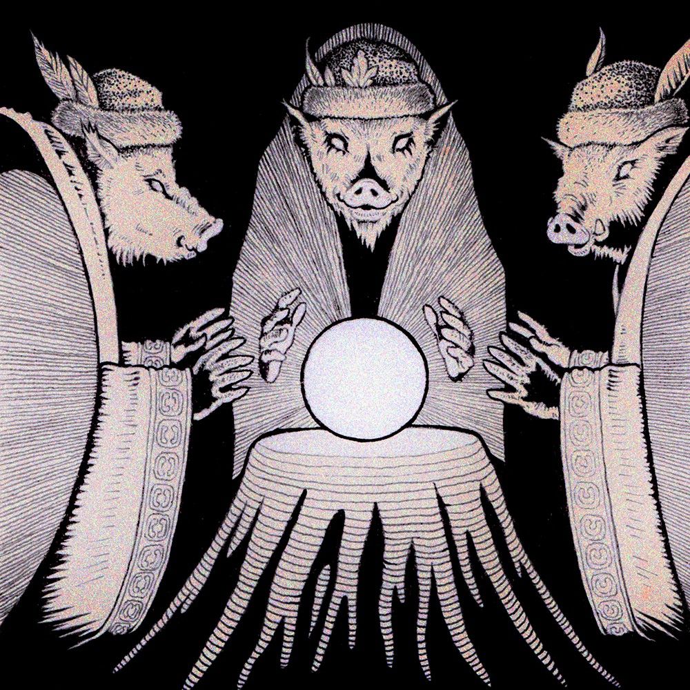Ink drawing of three clothed figures with boar heads standing around a glowing crystal ball