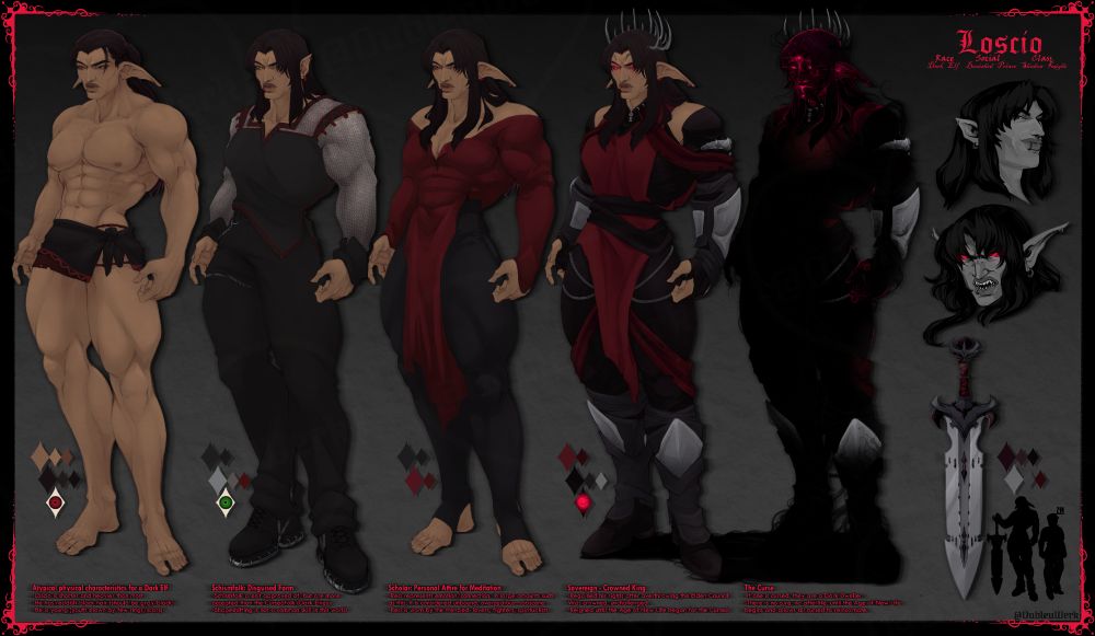 A character sheet of my original character, a male Dark Elf named Loscio. The page is filled with notes on each form he has on the page, including notes about his physical difference from those of his kind, a shapeshifted form he takes, his relaxed attire and its cultural significance, his journey to become and as king, and what the 'curse' is, in this world. On the right side are two busts, his sword, and his height compared to an average elf. Overall, he wears lots of black, gray, and red. He also has one hellouva RBF.