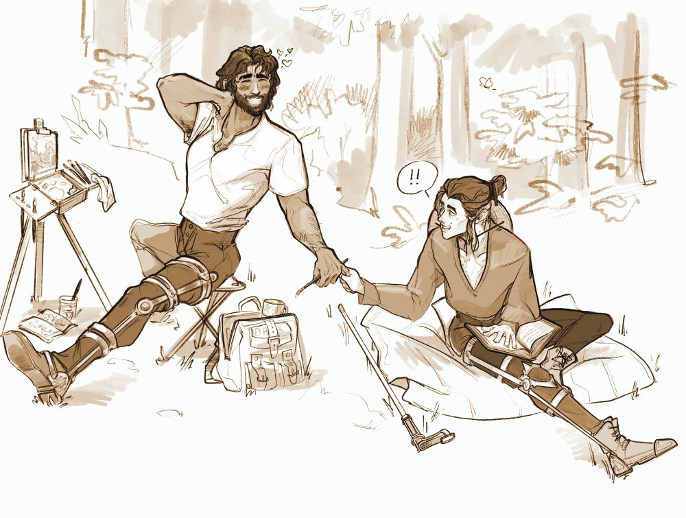 Jayce and Viktor from Arcane, outside. Jayce, scruffy with long hair and a beard, sits on a small three-legged stool in front of a portable field easel and rubs the back of his neck, looking bashful. Viktor sits on a blanket on the grass nearby with a book in his lap. He is leaning forward and looking past Jayce at what he has painted, smiling encouragingly. They are linked where Viktor holds onto Jayce's pinky finger. Toot toot.