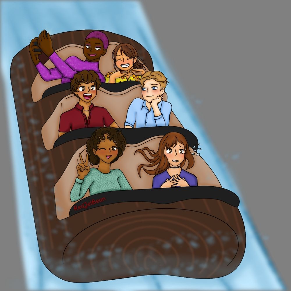 A log ride "photo" mid drop. In the front row, Nora sticks her tongue out and gives a peace sign. Next to her, Bea sweats nervously. In the middle row, Alex cheers while Henry watches him lovingly. In the back row, Pez takes a selfie of himself with June as she grins with her eyes closed.