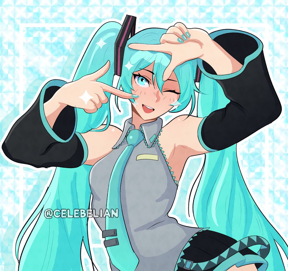 Hatsune Miku doing a finger frame and winking