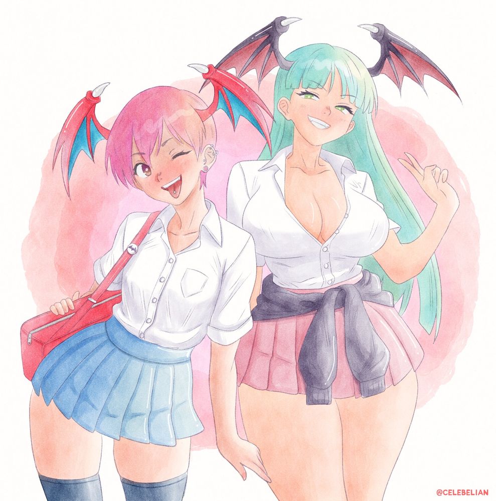 Lilith and Morrigan from Darkstalkers wearing gyaru outfits.