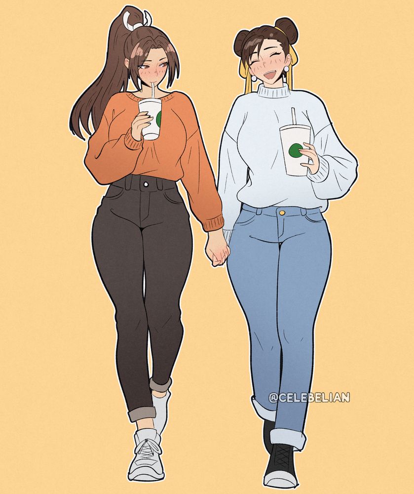 Mai and Chun-Li holding hands.