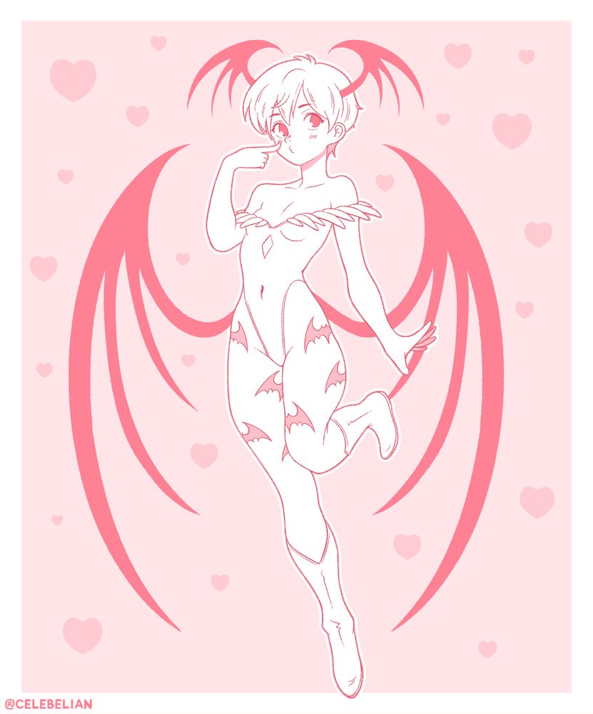 Lilith Aensland in a pink themed illustration striking a magical girl pose.