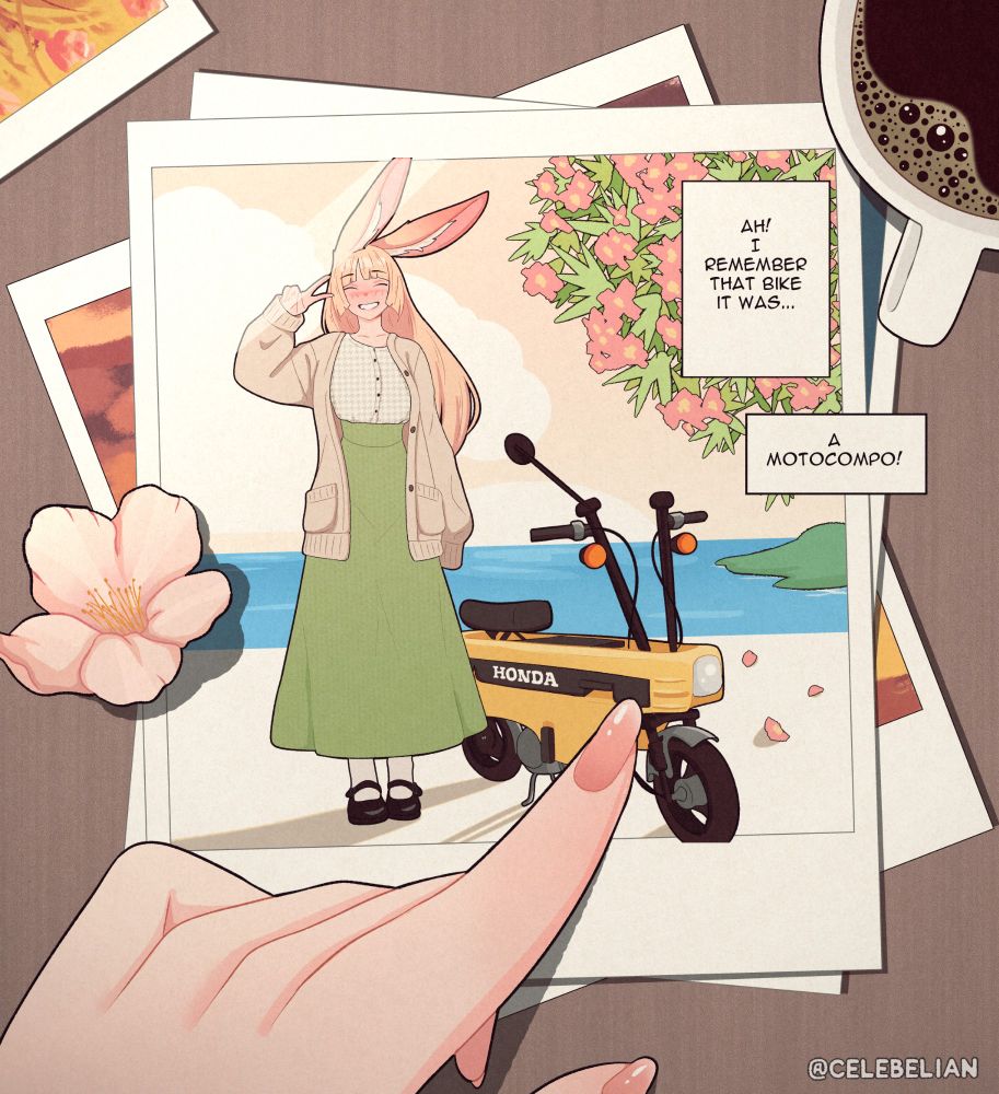 Bun wife pointing at a polaroid featuring herself posing with a Honda Motocompo.
Text: Ah! I remember that bike. It was... A Motocompo!"