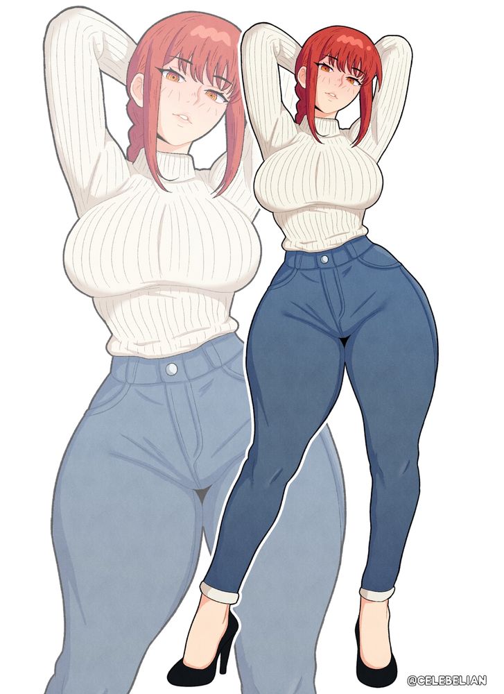 Makima wearing a turtleneck and jeans.