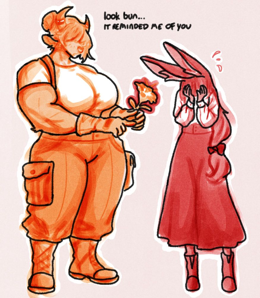 My OCs: Big Mama gifting a flower to Bun Wife
Text: "look bun... it reminded me of you"