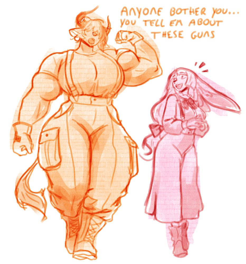 my cow OC big mama and bunny OC bun wife walking together
text: anyone bother you... you tell em about these guns