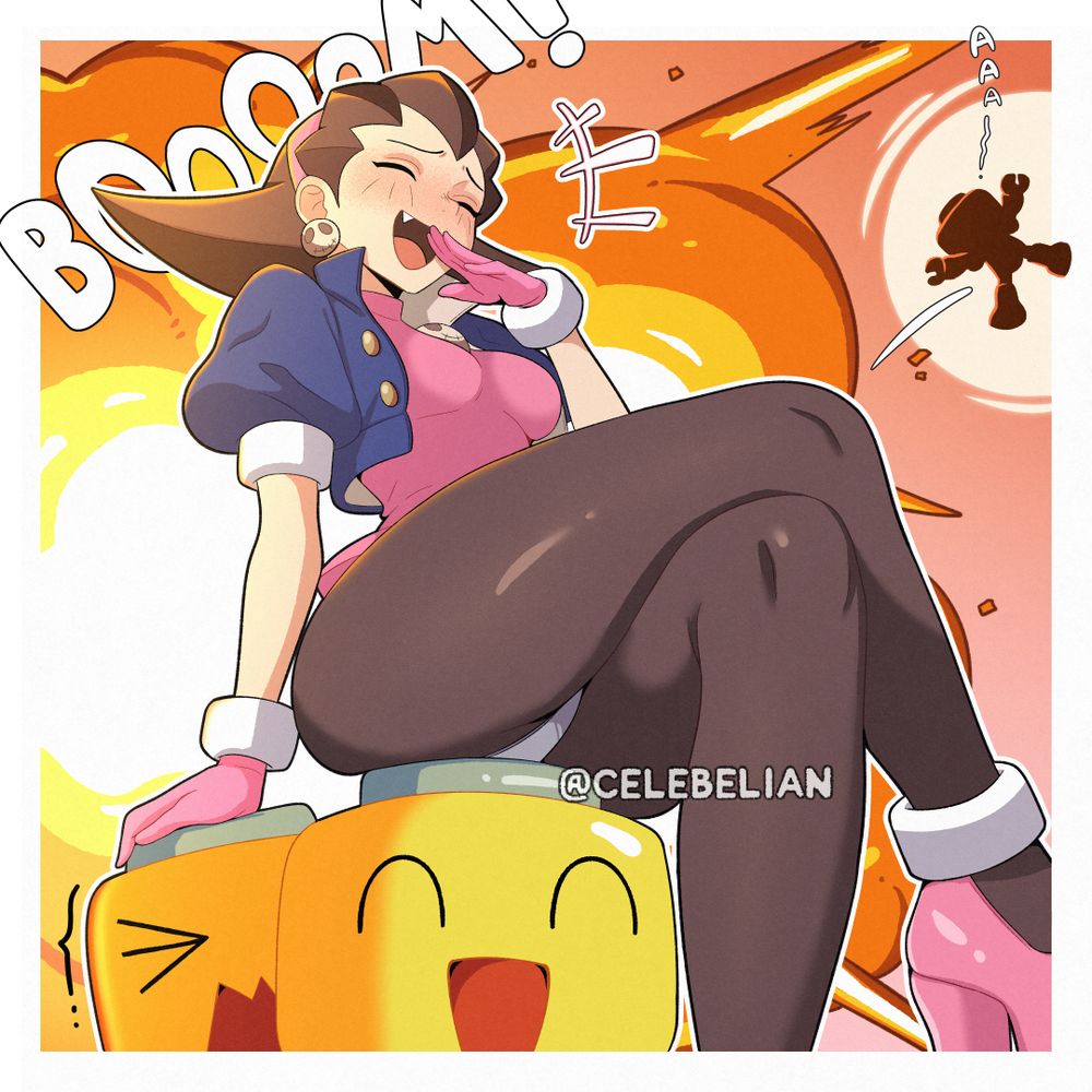 Tron Bonne sitting on some Servbots, an explosion and a Servbot flying away can be seen in the background.