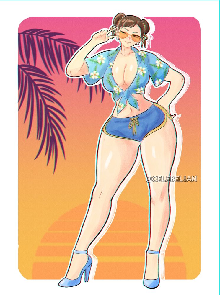 Chun-Li wearing a tied Hawaiian shirt and shorts.