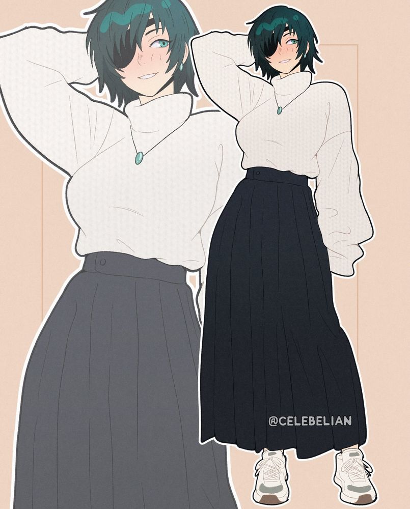 Himeno wearing an oversized sweater, long skirt and sneakers. 